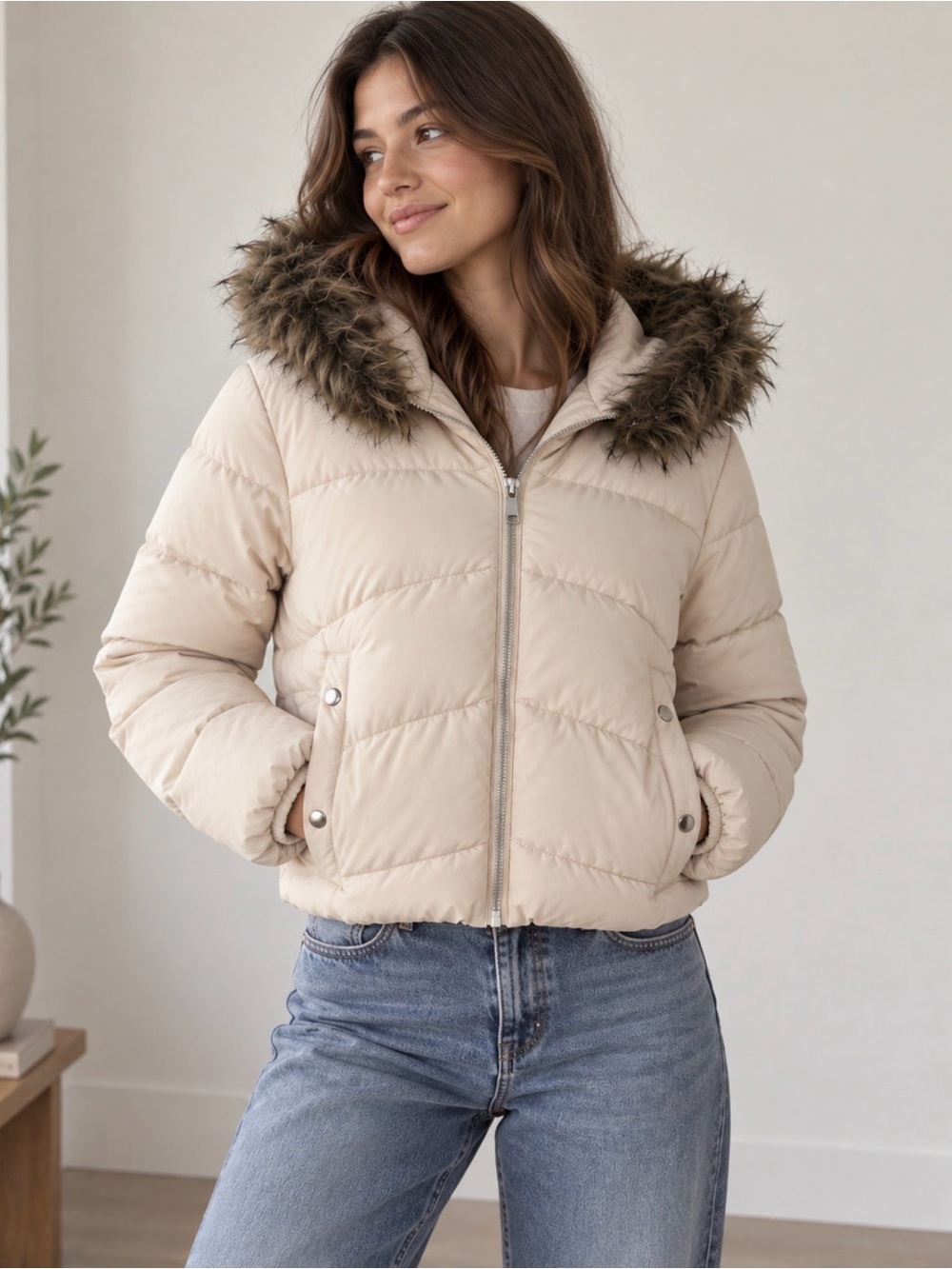 Maralyn & Me Cream Puffer Jacket with Faux Fur Trim